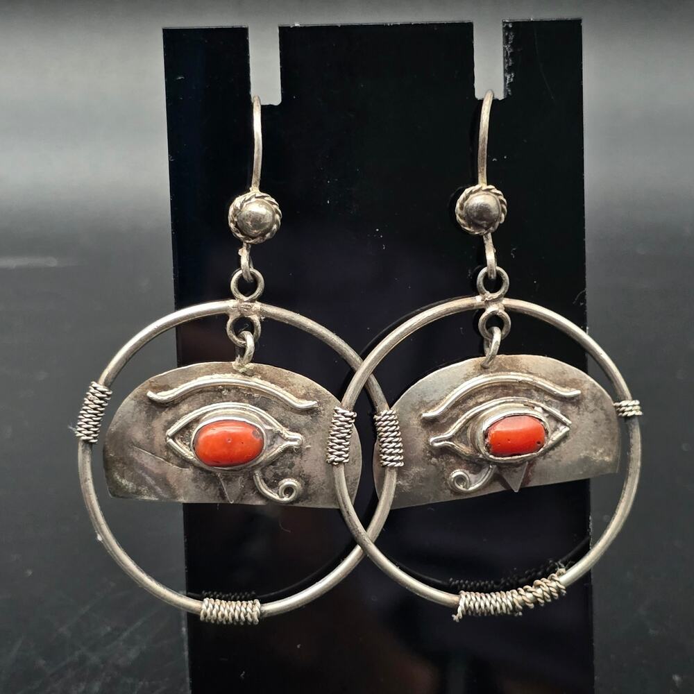 Sterling Silver Red Coral Eye of Horus Ra Egyptian Revival Earrings Dangle